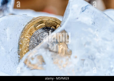 Nouveau congelé une livre sterling britannique près de monnaie jusqu'à l'intérieur de cubes de glace macro. Banque D'Images
