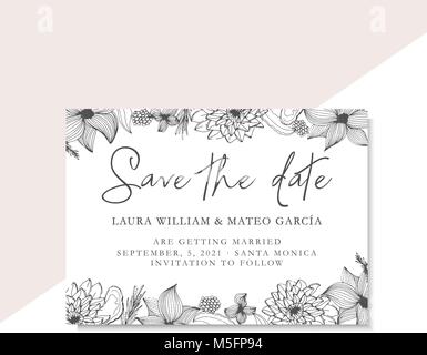 Save the date modèle avec fleurs et feuilles d'art de la ligne, modèle de carte avec des fleurs à la main, illustration, mariage. Illustration de Vecteur