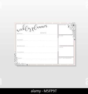 Planificateur hebdomadaire avec la ligne art flowers, papeterie organisateur pour des plans de la journée, floral vector modèle de planification hebdomadaire, horaires Illustration de Vecteur