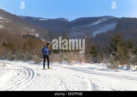 Femme skieuse de profiter de la beauté hivernale de la région du Sauerland, le long du sentier-Hörnberg, Schmallenberg, Rhénanie du Nord-Westphalie, Allemagne. Banque D'Images