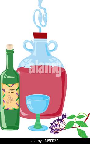 Une illustration d'une demi john ou le flacon, pour accueil brewing,avec une bouteille de vin, un verre de vin décoratif et certains de sureau. Illustration de Vecteur