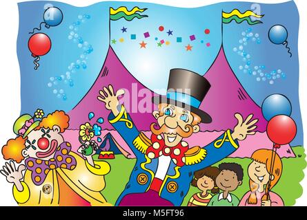 Un cartoon vector illustration d'un chapiteau de cirque avec le ringmaster, un clown et certains enfants avec des ballons Illustration de Vecteur