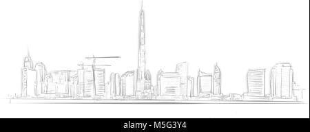 Dubai Skyline Vue Sketch. Dessin d'Art de la ligne à la main. Conception de voyages, de l'architecture de l'icône de carte de souhaits, vector background. Illustration de Vecteur