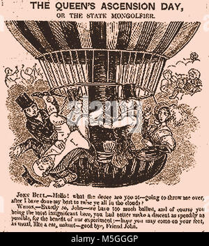 L'aéronautique historique, des ballons et des machines volantes - A Victorian English Caricature politique montrant John Bull étant donc laissé tomber d'un ballon par le parti Whig Banque D'Images