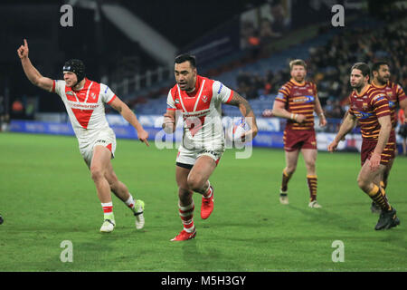 Huddersfield, UK. Feb 23, 2018. John Smiths Stadium, Huddersfield, Angleterre ; Betfred Super League rugby, Huddersfield Giants contre St Helens ; Zeb Taia de St Helens gores plus pour un crédit d'essayer : Nouvelles Images/Alamy Live News Banque D'Images