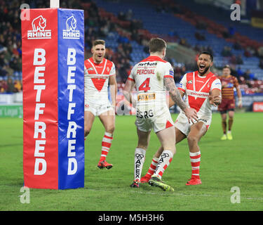 Huddersfield, UK. Feb 23, 2018. John Smiths Stadium, Huddersfield, Angleterre ; Betfred Super League rugby, Huddersfield Giants contre St Helens ; Mark Percival de St Helens célèbre son crédit d'essayer : Nouvelles Images/Alamy Live News Banque D'Images