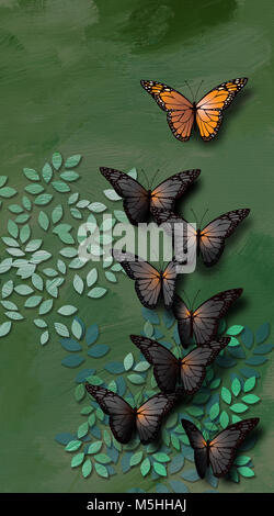 Illustration graphique de Papillon monarque mature à la tête d'un groupe de jeunes noirs, gris non développées. La métaphore conceptuelle de l'enseignement Banque D'Images