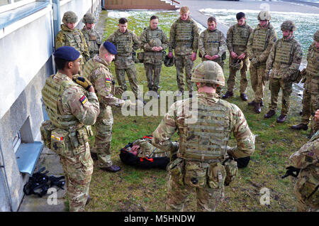 Royaume-uni, les soldats affectés à Balaklava Troop, Light Dragoons et le groupe tactique de la formation médicale sur le terrain de la Pologne qui améliorent les capacités de mission, le développement du leadership et de formation alors que l'état de préparation à l'appui de groupe de combat alliés, à Bemowo Piskie Domaine de formation, la Pologne le 6 février 2018. La Pologne est un groupe de combat, l'unique groupe de combat multinationale, composée d'Américains, Britanniques, croate et soldats roumains qui servent avec la 15e Brigade mécanisée polonaise comme une force de dissuasion dans le nord-est de la Pologne à l'appui de l'OTAN vers l'amélioration de la présence. ( Banque D'Images