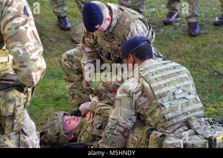 Royaume-uni, les soldats affectés à Balaklava Troop, Light Dragoons et le groupe tactique de la formation médicale sur le terrain de la Pologne qui améliorent les capacités de mission, le développement du leadership et de formation alors que l'état de préparation à l'appui de groupe de combat alliés, à Bemowo Piskie Domaine de formation, la Pologne le 6 février 2018. La Pologne est un groupe de combat, l'unique groupe de combat multinationale, composée d'Américains, Britanniques, croate et soldats roumains qui servent avec la 15e Brigade mécanisée polonaise comme une force de dissuasion dans le nord-est de la Pologne à l'appui de l'OTAN vers l'amélioration de la présence. ( Banque D'Images