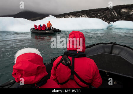 Territoire britannique d'outre-mer, îles Sandwich du Sud, l'Île Saunders. Les touristes de l'expédition en zodiac à la recherche à Gamla. Banque D'Images