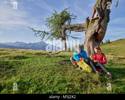 Autriche, Tyrol, Plateau de Mieming, les randonneurs ayant une pause sur le pré alpin Banque D'Images