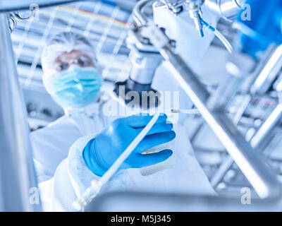 Technicien travaillant dans le port de l'ensemble pour salle blanche de laboratoire Banque D'Images