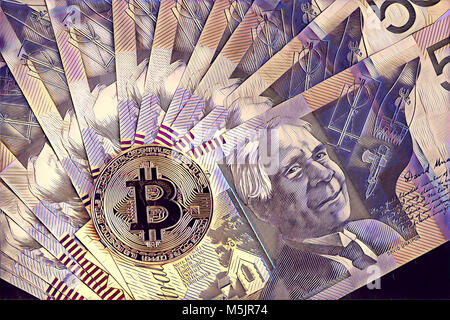 Dessin numérique de Bitcoin sur le dessus de 50 dollars australiens. Artwork Banque D'Images