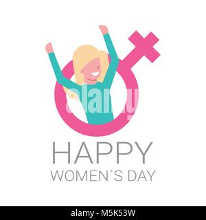 Heureux Jour Femmes Carte de Vœux Cheerful Girl Plus de symbole féminin sur fond blanc Illustration de Vecteur