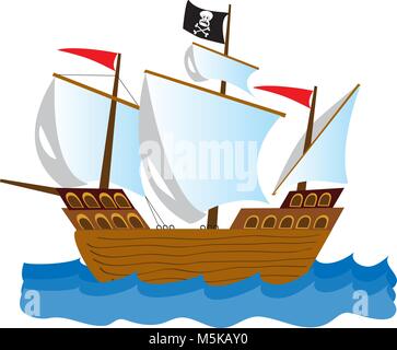 Un dessin de bateau de pirate avec un drapeau Jolly roger Illustration de Vecteur