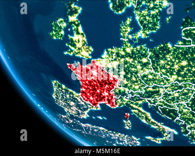 Carte de France en rouge vu de l'espace sur la planète Terre la nuit blanche avec des filets et les lumières de la ville. 3D illustration. Éléments de cette image é Banque D'Images