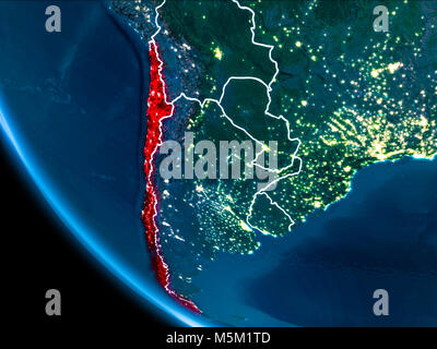 La carte du Chili en rouge vu de l'espace sur la planète Terre la nuit blanche avec des filets et les lumières de la ville. 3D illustration. Éléments de cette image furnis Banque D'Images