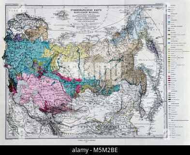 1877 Mittheilungen Petermann Map - carte ethnographique - les races humaines de la Sibérie Russie Asie Banque D'Images