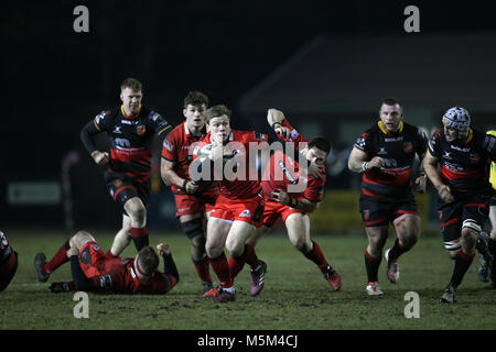 Ebbw Vale, Wales, 23 févr. 2014. Nathan Fowles d'Édimbourg rugby © fait une pause . Match de rugby Pro Guinness14, Dragons v Edinburgh Rugby à Eugene Cross Park à Ebbw Vale, dans le sud du Pays de Galles le vendredi 23 février 2018.pic par Andrew Verger/Alamy Live News Banque D'Images