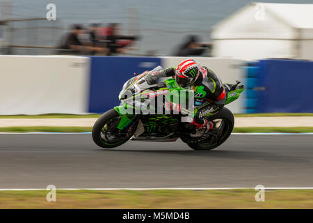 Phillip Island, Australie. Dimanche, 25 février, 2018. Championnat du Monde FIM Superbike. Phillip Island, Australie. Jonathan Rea, Kawasaki Racing Team World Superbike. Réchauffer. Credit : Russell Hunter/Alamy Live News Banque D'Images