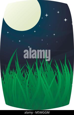 Pleine lune et ciel étoilé avec grass prairie en premier plan Illustration de Vecteur