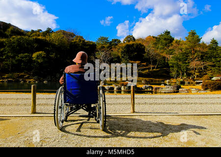 Vieille Femme assise sur un fauteuil roulant à la vue d'arbre et montagne dans le parc Banque D'Images