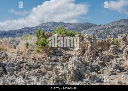 Tufas sable debout sur le lac Mono, marquant l'eau salée au cours des millénaires de récession à Lee Vining, Californie Banque D'Images