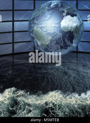 Mur d'écrans de télévision. Globe et la mer profonde. Banque D'Images