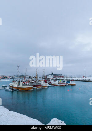 Du petit village de pêcheurs de Batsfjord, comté de Finnmark, Norvège du Nord. La plupart de la flotte de pêche est dans le port en raison des mauvaises prévisions météorologiques. Banque D'Images