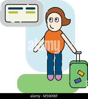 Cute girl holding travel suitcase et en attente d'un train ou un avion Illustration de Vecteur