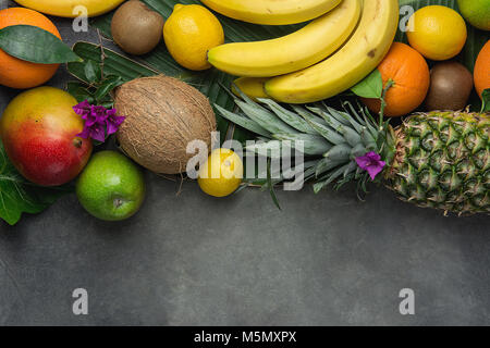 Variété de fruits d'été Tropical. Noix de coco Mangue Ananas Oranges Citrons Agrumes Kiwi Pommes Bananes organisés dans la région de frontière sur pierre sombre Banque D'Images