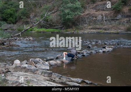 Un garçon prend des pierres dans les eaux peu profondes de la rivière Yarra à Warrandyte, Melbourne Banque D'Images