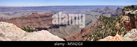 Le Parc National du Grand Canyon cap final - North Rim . En regardant vers le sud depuis le cap final sur la rive nord du Grand Canyon National Park. Temple de Jupiter est à gauche. La vue est vers le bas Unkar Creek et à droite, le château de Freya, Vishnu Temple et sanctuaire de Rama. Le départ du sentier pour la piste finale est le long de la Cape Royal Road et le sentier est 4.0 mi. / 6,4 km aller-retour (environ 2 à 3 heures de marche aller-retour.) Il s'agit d'un 2 km à pied Banque D'Images