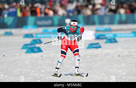 La Norvège est Marit Bjoergen sur son chemin à l'or dans le Ladies' 30km départ groupé Classic à l'Alpensia Cross Country Centre de jour seize des Jeux Olympiques d'hiver de 2018 à PyeongChang en Corée du Sud. Banque D'Images