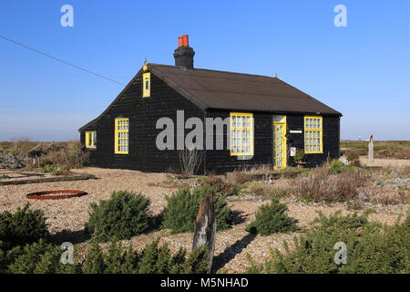 Perspective Cottage, ancienne maison du cinéaste Derek Jarman, Dungeness, Kent, Angleterre, Grande-Bretagne, Royaume-Uni, UK, Europe (voir info) Banque D'Images