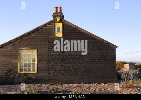 Perspective Cottage, ancienne maison du cinéaste Derek Jarman, Dungeness, Kent, Angleterre, Grande-Bretagne, Royaume-Uni, UK, Europe (voir info) Banque D'Images