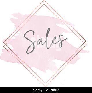 Cadre d'or Ventes et coup de pinceau rose, boutique de vente pour les ventes d'affiches, messages, rose aquarelle coup de pinceau. Design lettrage dessiné à la main. Illustration de Vecteur