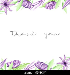 Merci à la main modèle de carte avec des fleurs Aquarelle mauve, illustration, mariage. Illustration de Vecteur