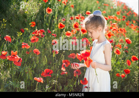 Belle petite fille la collecte des fleurs sur une pente avec des coquelicots en fleurs Banque D'Images