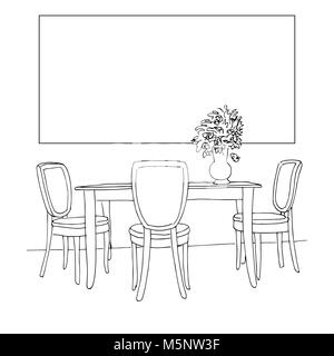 Une partie de la salle à manger. Table et chaises.Sur la table vase de fleurs. Cadre sur le mur pour la pose de vos informations. Croquis dessinés à la main.Vector illus Illustration de Vecteur