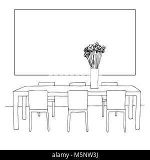 Une partie de la salle à manger. Table et chaises.Sur la table vase de fleurs. Cadre sur le mur pour la pose de vos informations. Croquis dessinés à la main.Vector illus Illustration de Vecteur