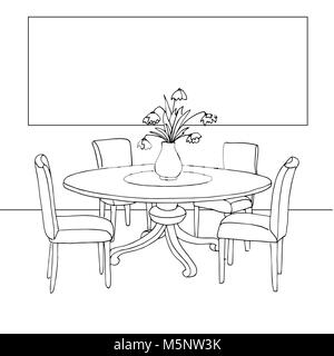 Une partie de la salle à manger. Table et chaises.Sur la table vase de fleurs. Cadre sur le mur pour la pose de vos informations. Croquis dessinés à la main.Vector illus Illustration de Vecteur