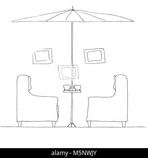 Deux fauteuils et une table. Grand Parapluie pliant. Hand drawn vector illustration Illustration de Vecteur