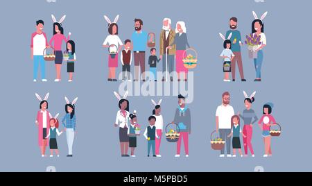 Jeu de familles sur Joyeuses Pâques maison de parents et d'enfants portant des oreilles de lapin Illustration de Vecteur