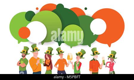 Groupe de jeunes gens de Leprechaun chapeaux sur fond de bulles de chat célébrer Saint Patrick Day Illustration de Vecteur