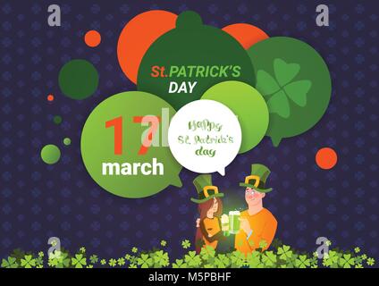 Saint Patrick Day avec arrière-plan modèle de l'homme et la femme en vert chapeaux Holding Glass of Beer Plus de bulles de chat Illustration de Vecteur