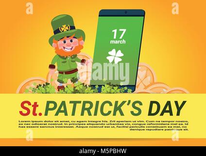 St Patrick Day Arrière-plan Modèle Leprechaun homme sur Green Smart Phone Illustration de Vecteur