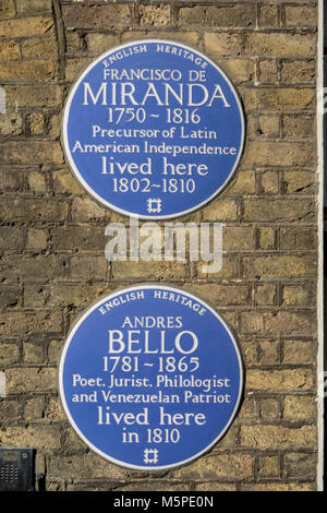 Francisco de Miranda et Andres Bello plaques bleu à l'extérieur de Francisco de Miranda sur Grafton House, London, NW1, UK Banque D'Images