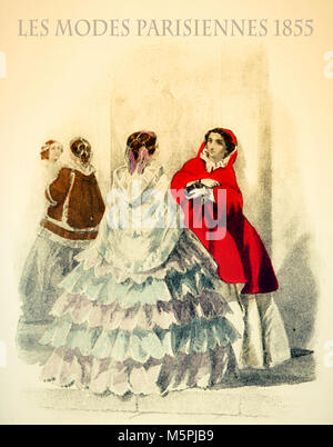 1855 vintage fashion, magazine français Les Modes Parisiennes:Mesdames mode chatting en plein air avec fantaisie et élégant jupes flounced capes et châles Banque D'Images