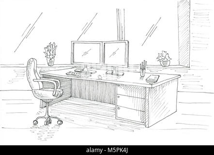 Au milieu de l'ordinateur. Bureau, chaise de bureau, deux moniteurs. Croquis d'un stylo. Banque D'Images